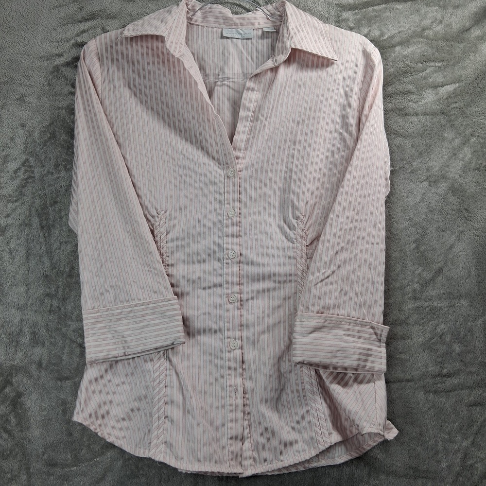 New York & Company Stretch Pink White Striped Button Down Shirt Small
